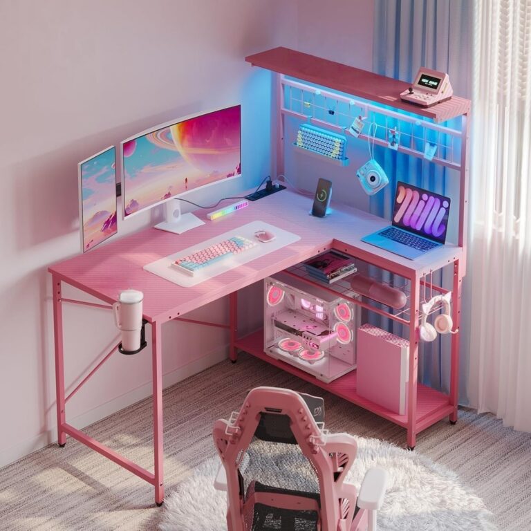 pink l shaped gaming desk with led lights shelves and power outlets