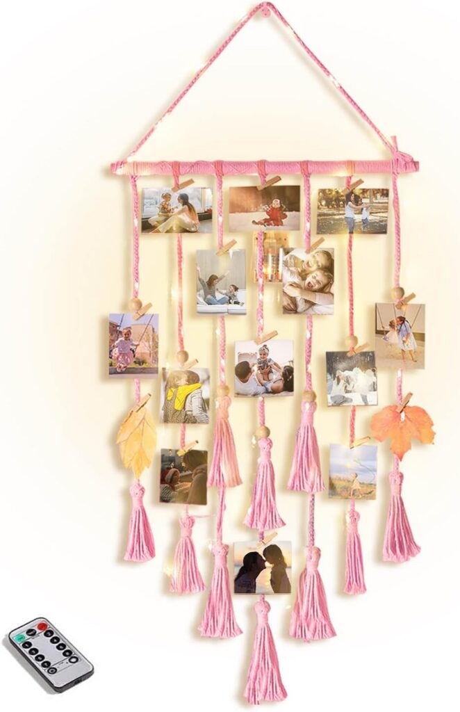 pink macrame photo display wall hanging with clips and LED lights boho room decor