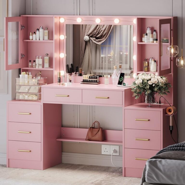 pink makeup vanity desk with mirror lights 8 drawers charging station