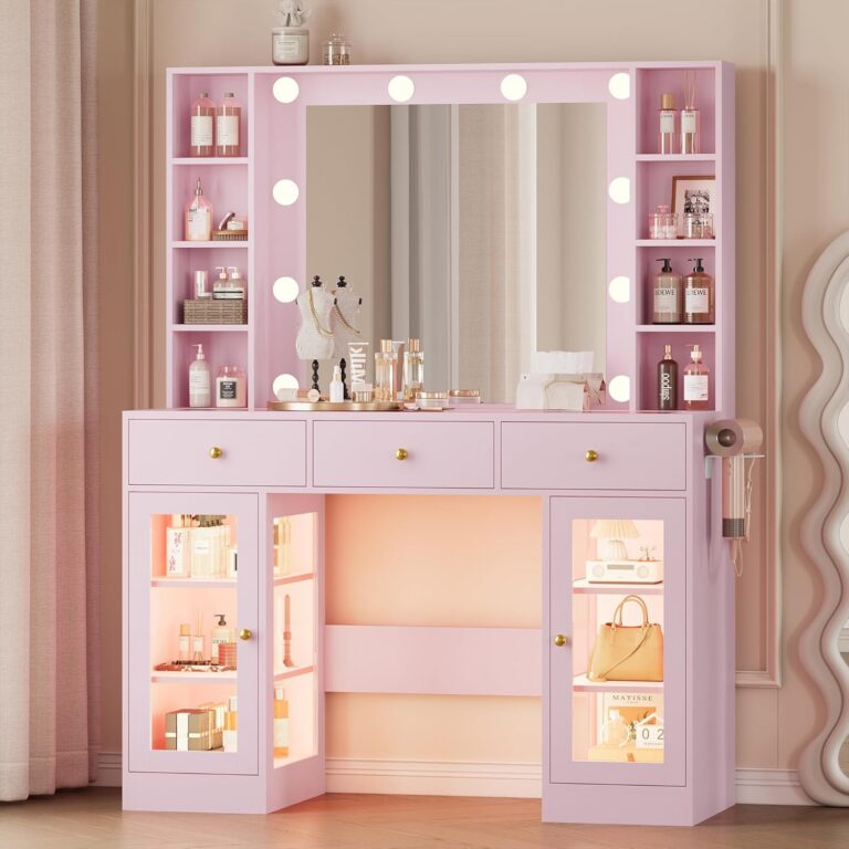 pink makeup vanity desk with glass top LED mirror RGB cabinets