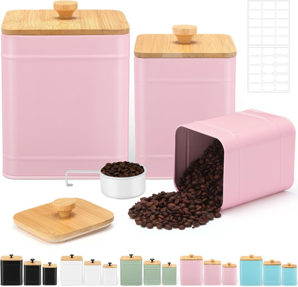pink metal kitchen canister set with bamboo lids airtight food storage jars for countertop