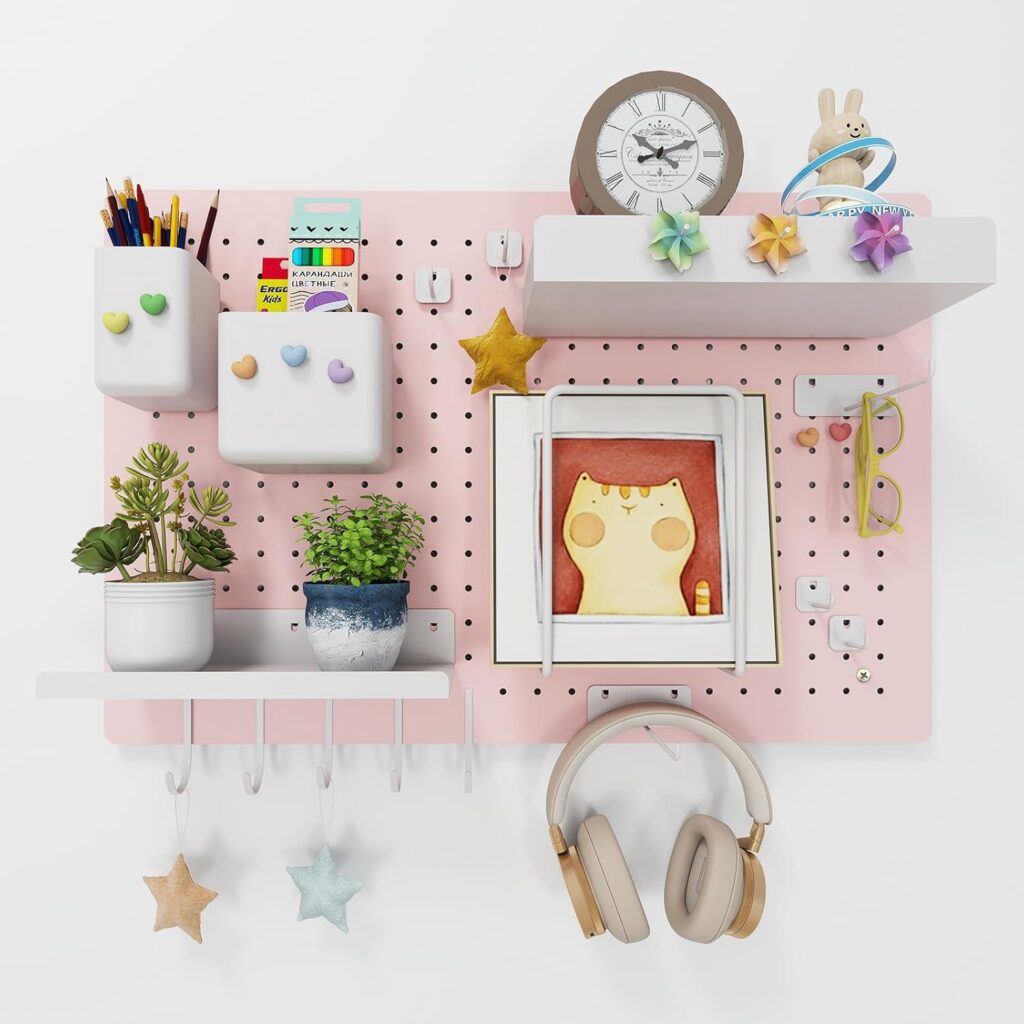 pink metal pegboard wall organizer kit with accessories for desk and room storage