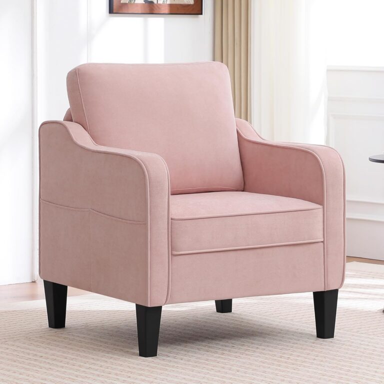 pink mid century accent chair upholstered armchair with side pocket