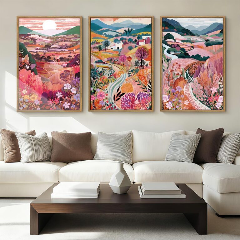 pink mountain floral wall art set framed landscape sunset canvas decor