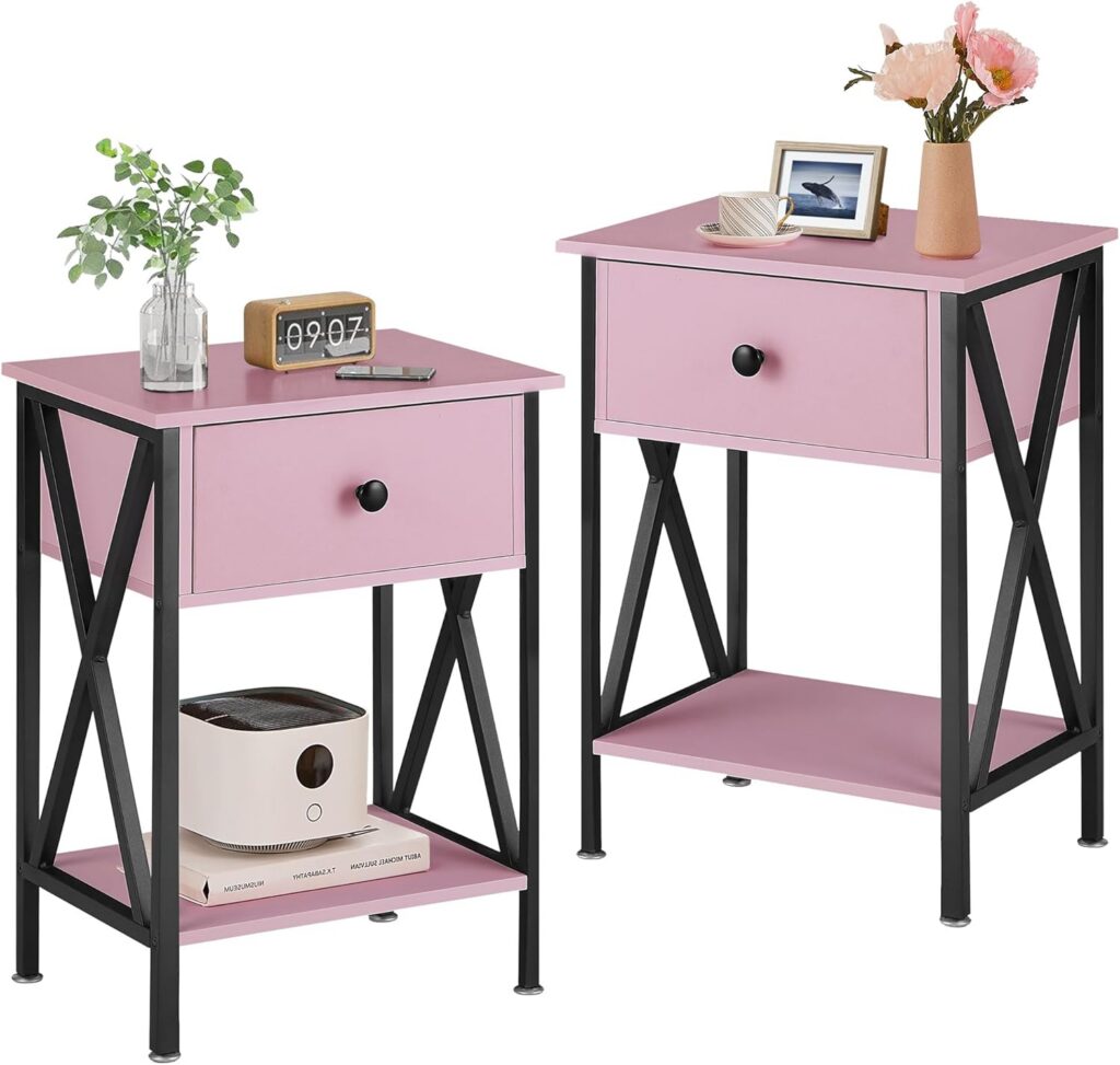 pink nightstands set of 2 modern bedside tables with drawer and shelf