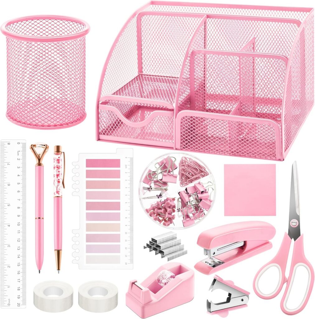 pink office supplies set mesh desk organizer kit stapler scissors tape dispenser stationery set