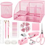pink office supplies set mesh desk organizer kit stapler scissors tape dispenser stationery set