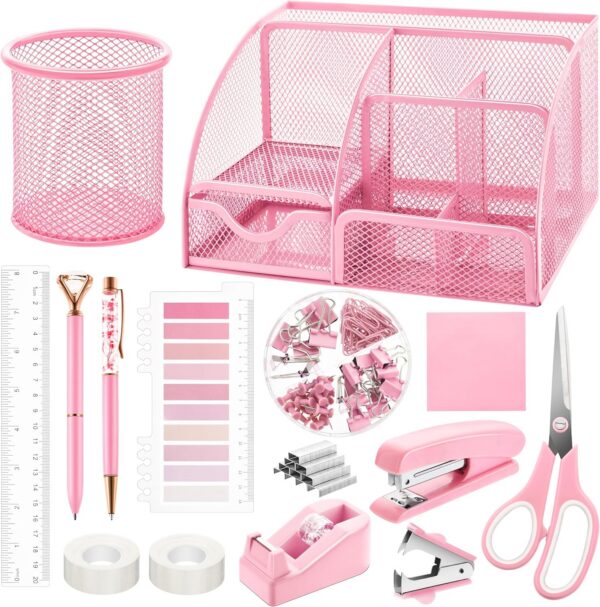 pink office supplies set mesh desk organizer kit stapler scissors tape dispenser stationery set