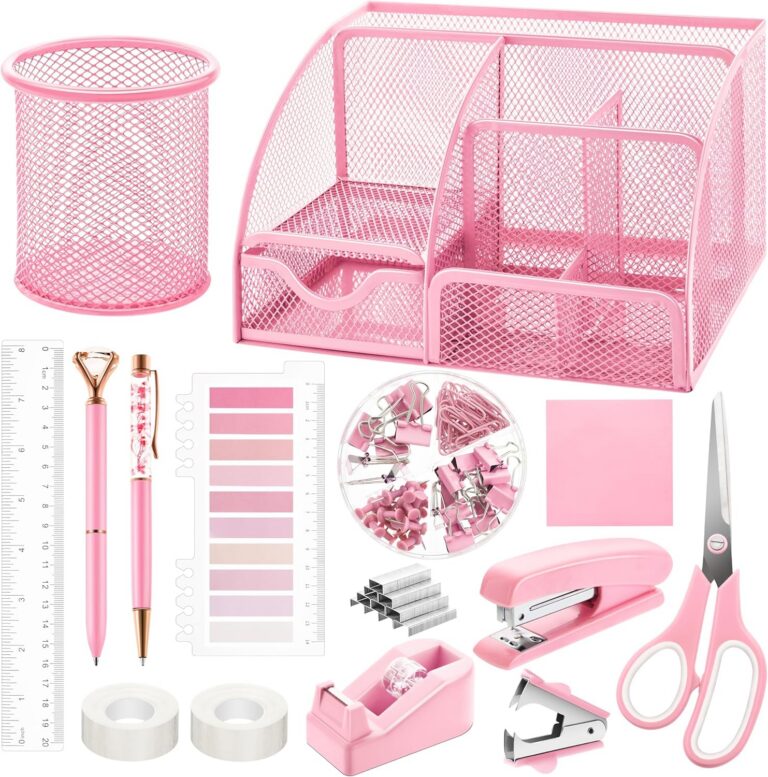 pink office supplies set mesh desk organizer kit stapler scissors tape dispenser stationery set