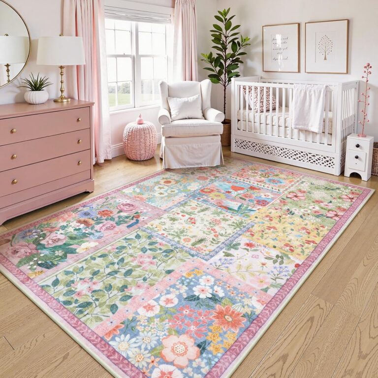 pink patchwork floral boho inspired washable rug 5x7 non slip faux wool area rug
