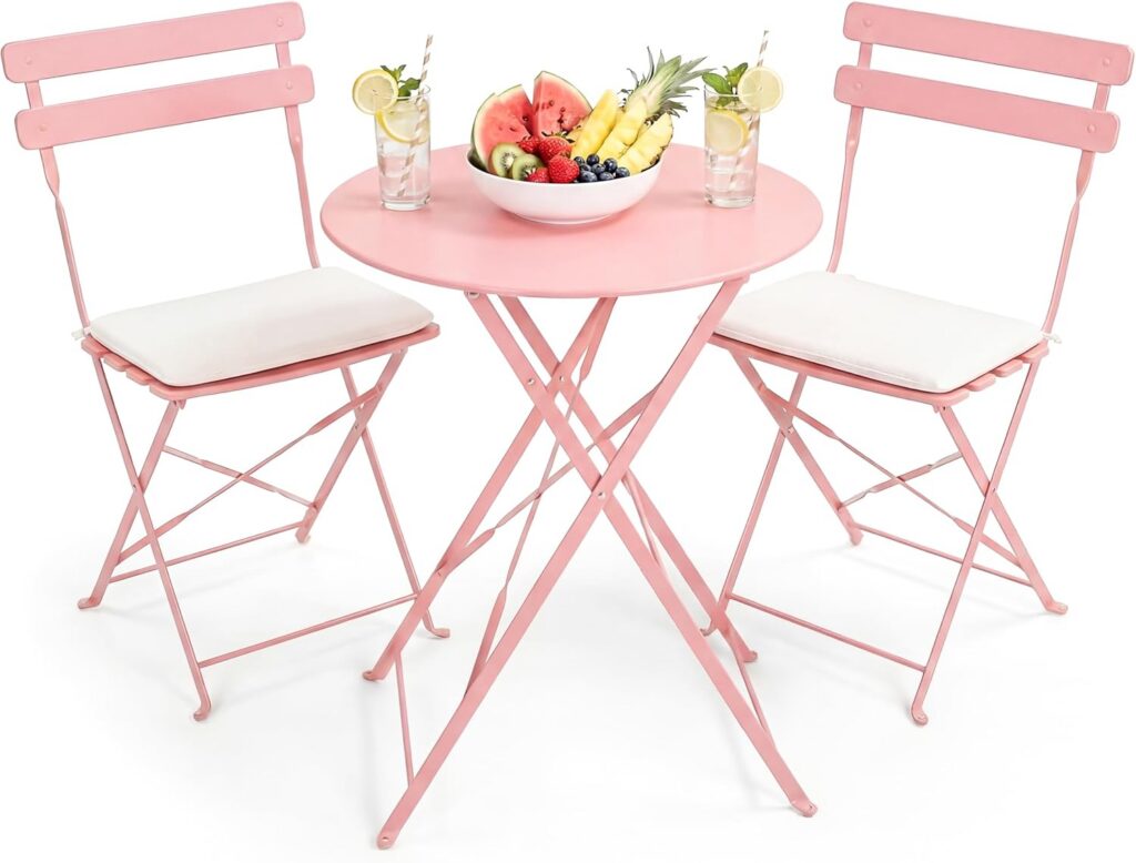 pink patio bistro set folding table chairs outdoor balcony furniture with cushions