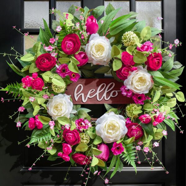 pink peony tulip hello wreath 24 inch artificial floral front door wreath