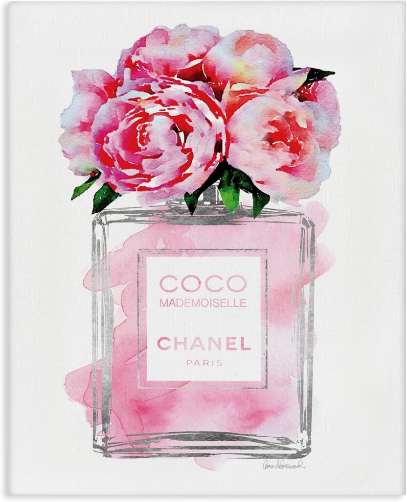 pink perfume bottle floral canvas wall art peony glam stretched canvas