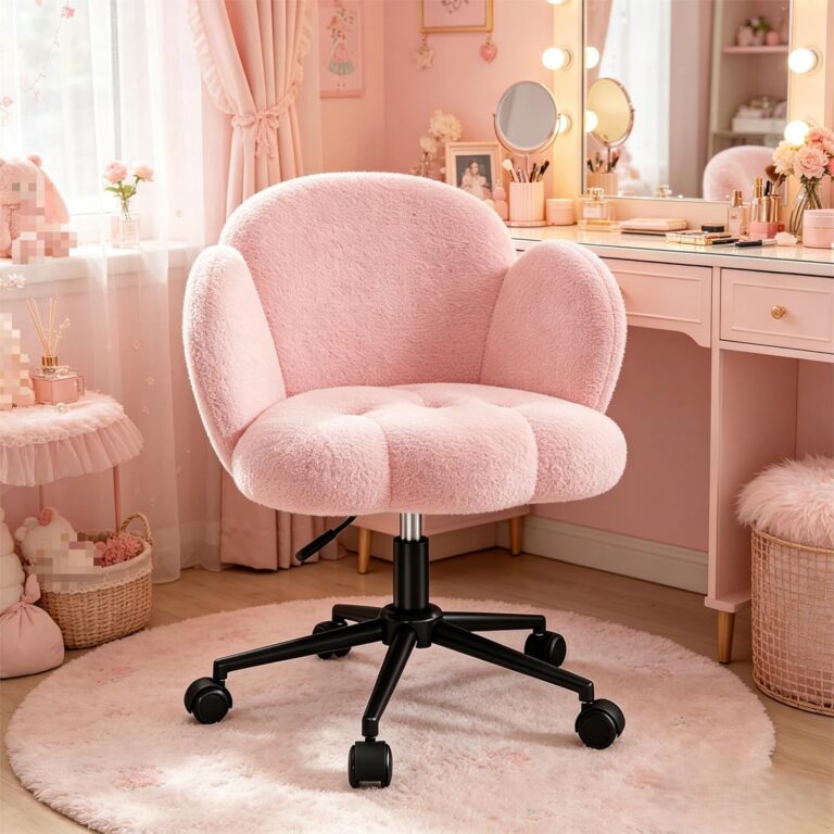 pink petal vanity chair with wheels teddy fleece adjustable swivel desk chair with back