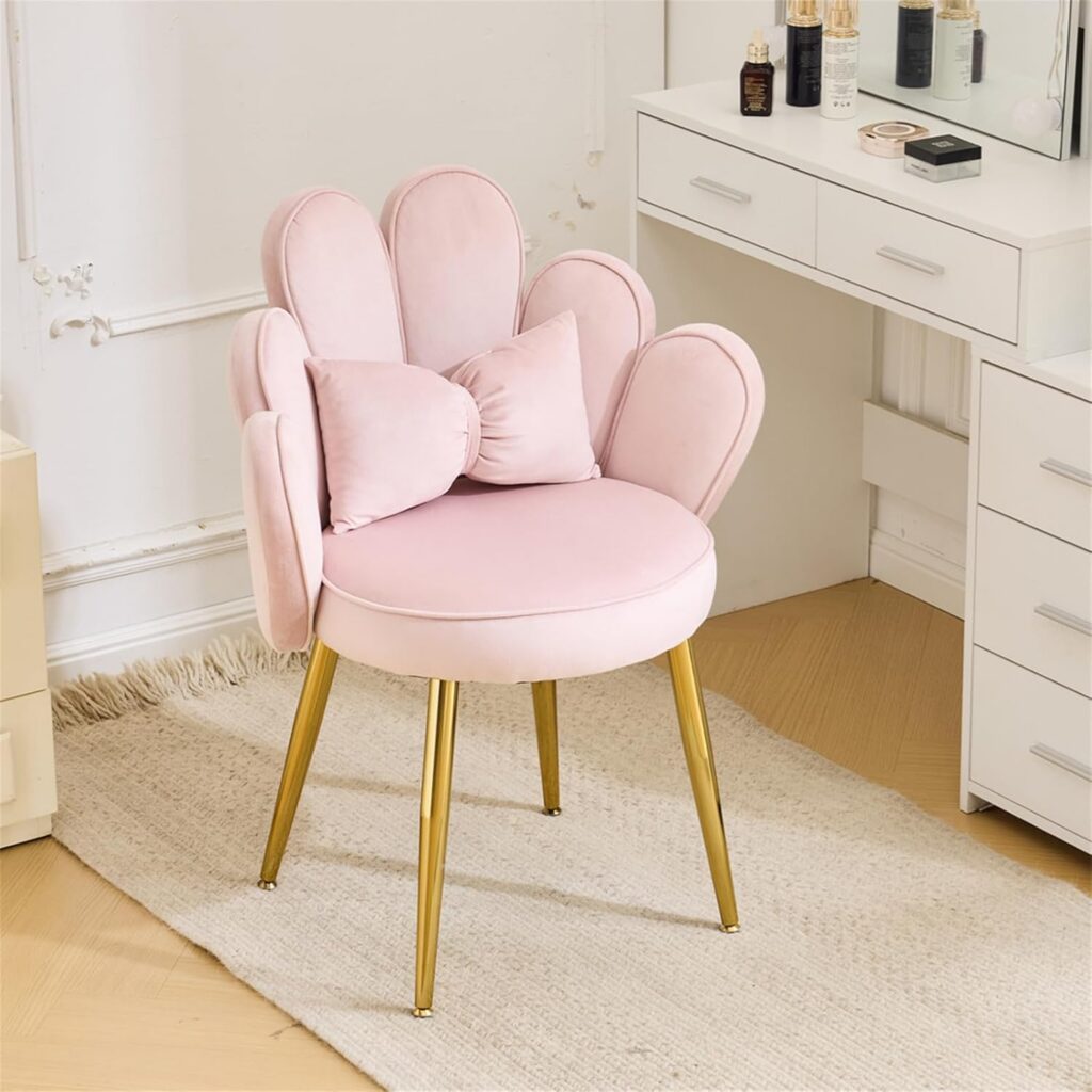 pink velvet petal vanity chair with bow pillow gold legs
