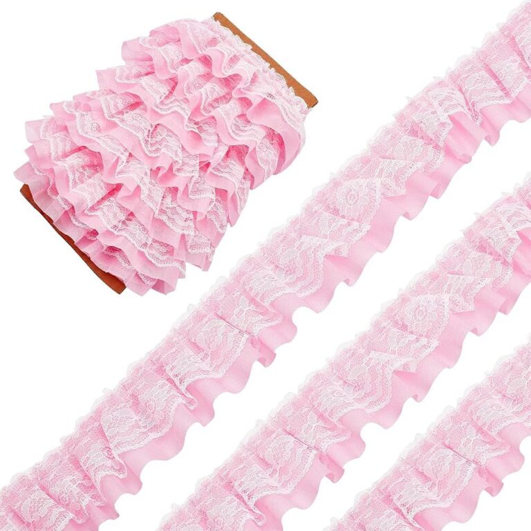 pink double layer pleated lace trim chiffon tulle ruffle ribbon 5cm wide