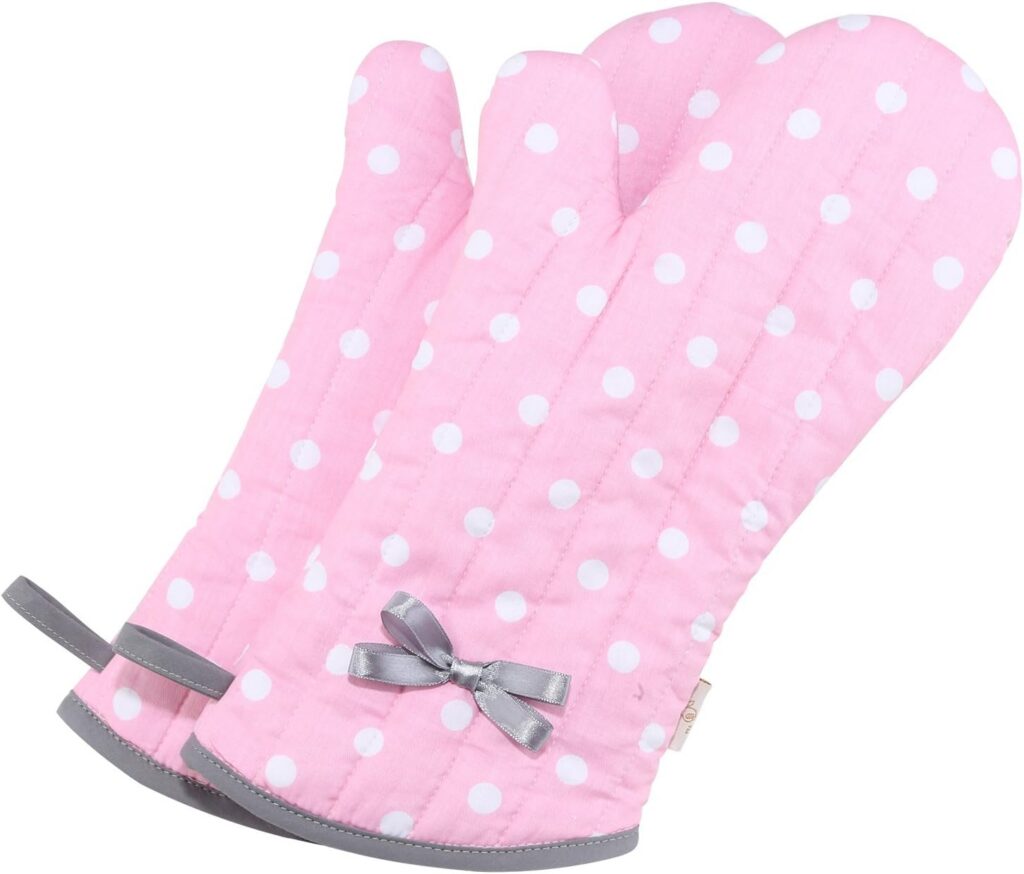 pink polka dot oven mitts set cotton heat resistant kitchen gloves