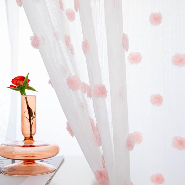 pink pom pom white sheer curtains 84 inch light filtering window panels