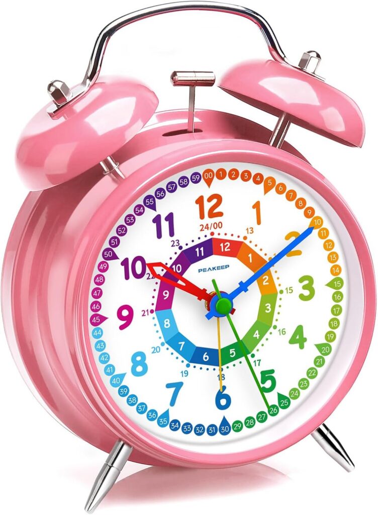 pink rainbow analog alarm clock kids learning twin bell loud