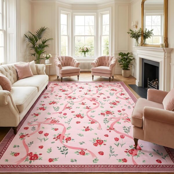 pink and red bow 5x7 washable area rug faux wool low pile non slip