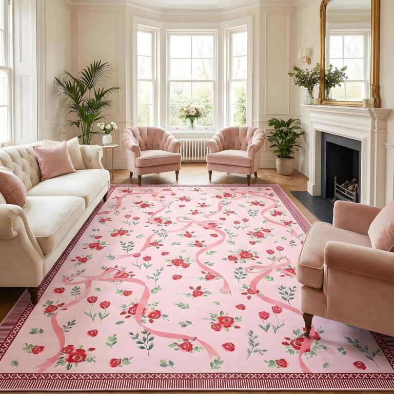 pink and red bow 5x7 washable area rug faux wool low pile non slip