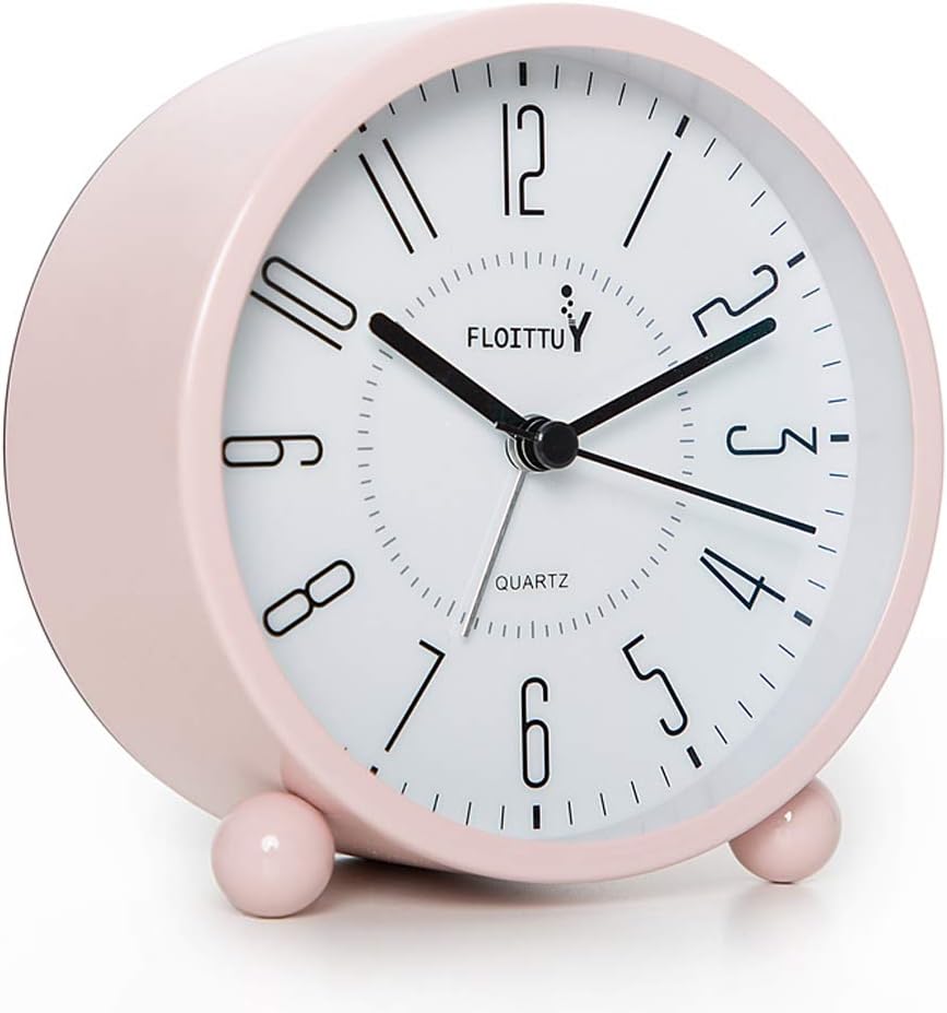pink retro metal silent analog alarm clock with night light
