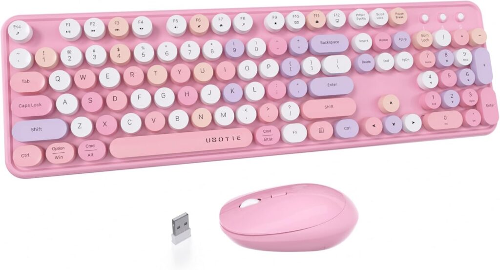 pink retro wireless keyboard mouse combo round colorful typewriter keys
