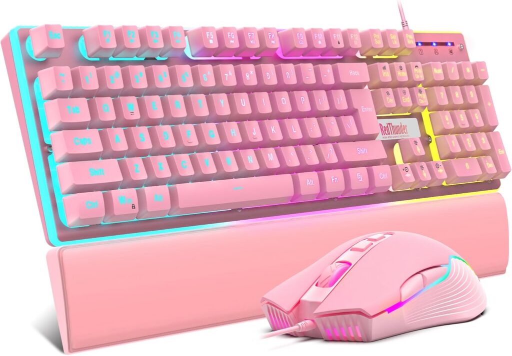 pink rgb gaming keyboard mouse combo wrist rest ergonomic
