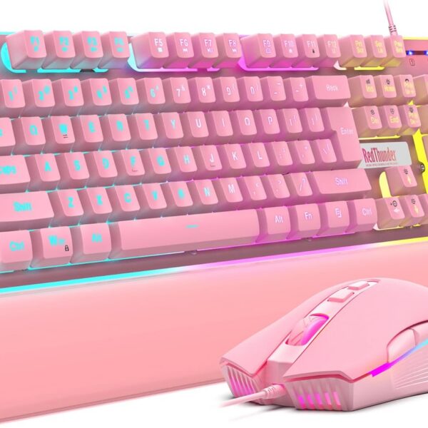 pink rgb gaming keyboard mouse combo wrist rest ergonomic
