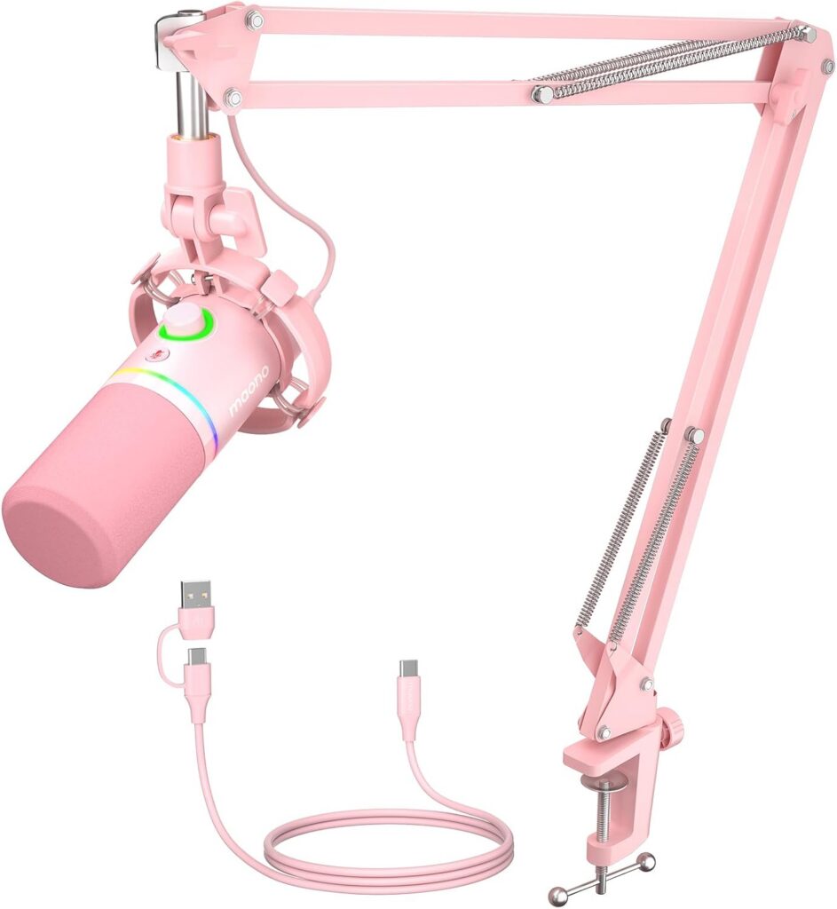 pink rgb usb xlr dynamic microphone kit with boom arm for streaming podcasting