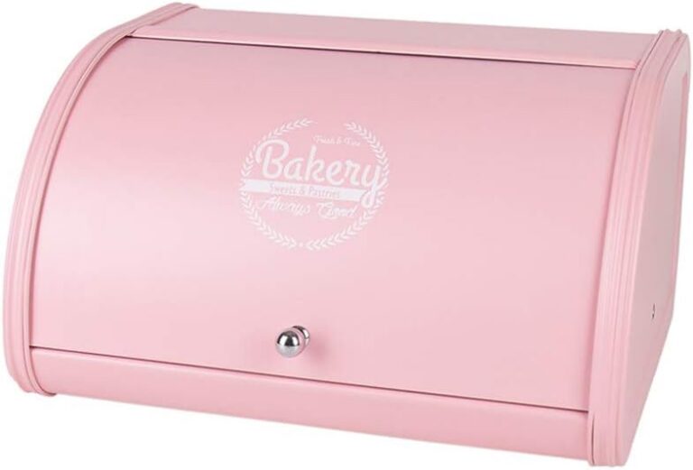 pink metal roll top bread box for kitchen countertop large capacity bread storage bin