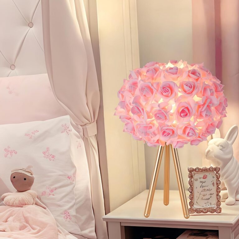 pink rose flower bedside table lamp with gold tripod base romantic floral bedroom decor