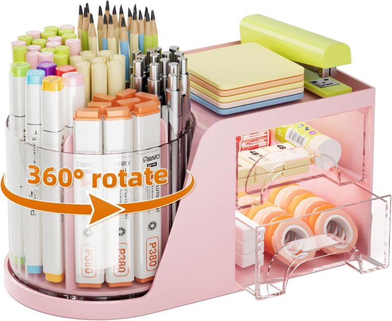 pink rotating desk organizer pen holder with drawers and compartments