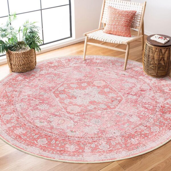 pink round floral rug 6ft washable boho non slip area rug
