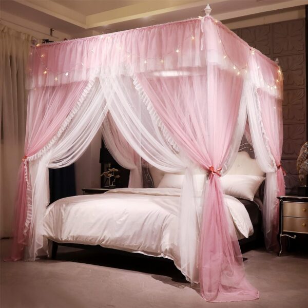 pink white ruffle bed canopy double layer mosquito net princess style drape