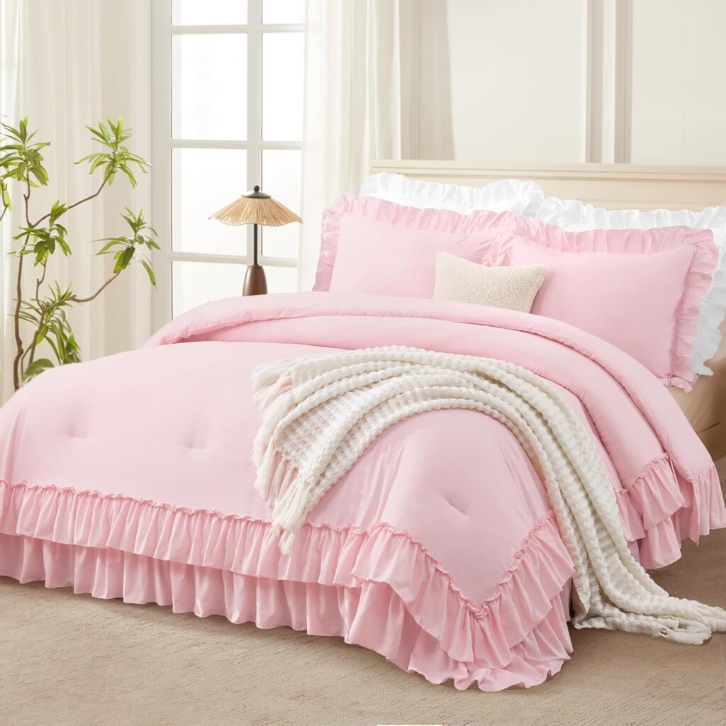 pink ruffle comforter set twin size soft fluffy bedding with pillowcase