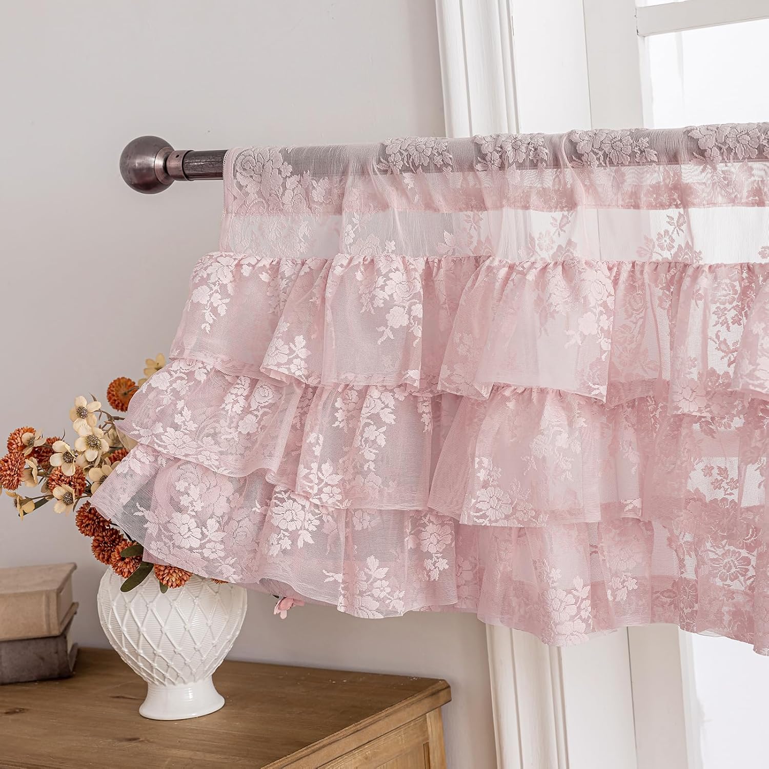 pink ruffle lace window valance sheer floral coquette cottagecore short curtain
