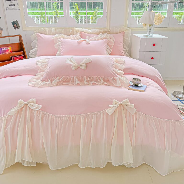 pink ruffled duvet cover set with lace and bow full size coquette bedding