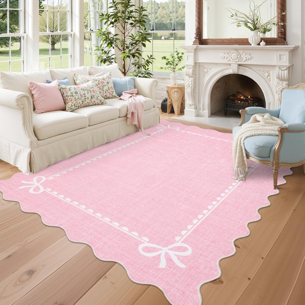 pink scalloped bow area rug 5x7 washable faux wool non slip nursery rug