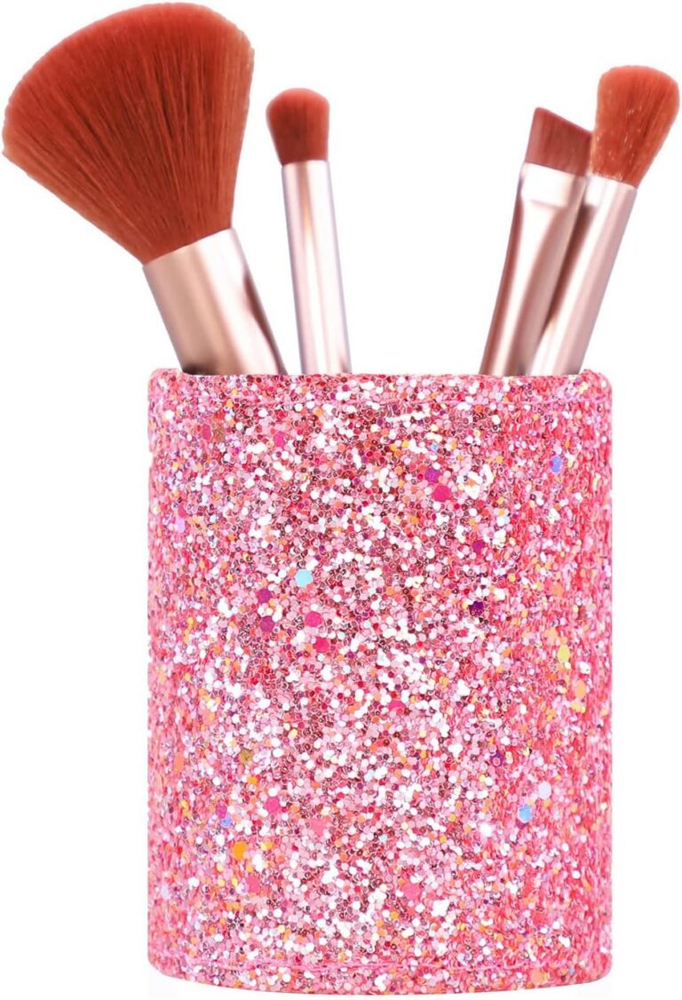 pink glitter sequin makeup brush holder vanity organizer cup for brushes pens and beauty accessories