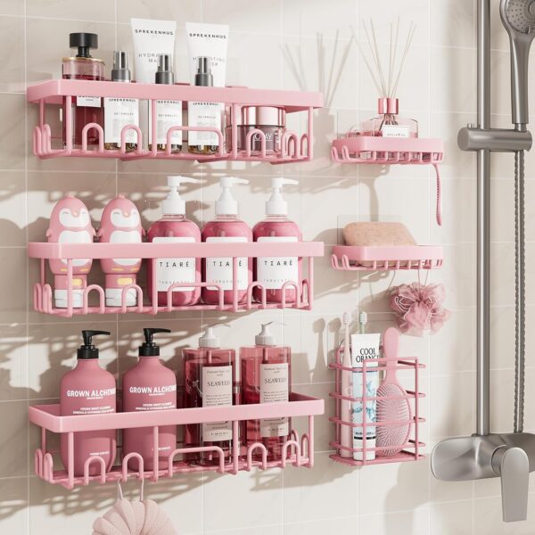 pink shower caddy set 6 pack wall mounted adhesive bathroom organizer