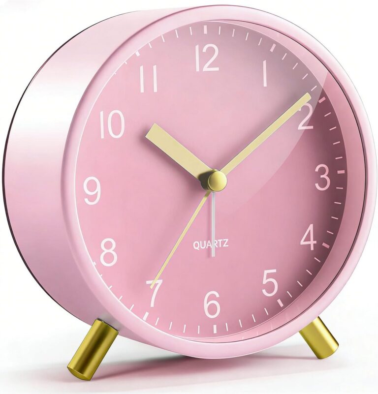 pink silent analog alarm clock with night light modern bedside
