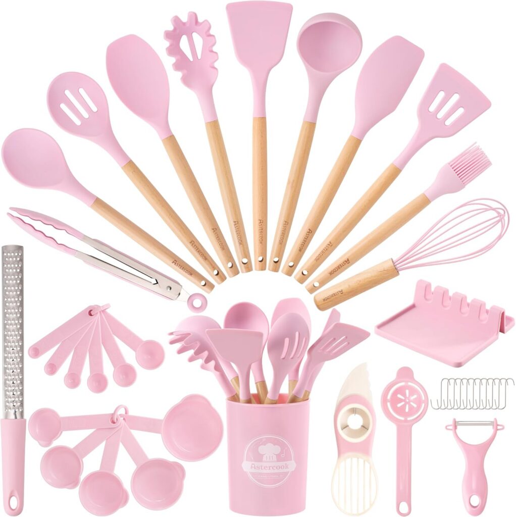 pink silicone kitchen utensils set with wooden handles cooking tools set for nonstick cookware