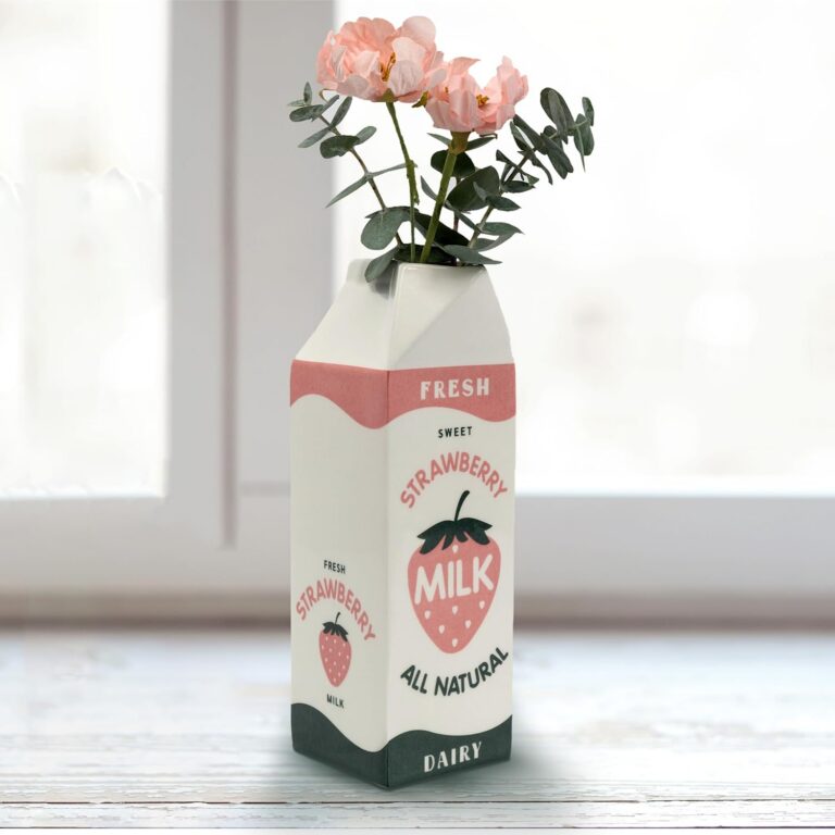 pink strawberry milk carton ceramic vase kawaii retro decorative flower vase