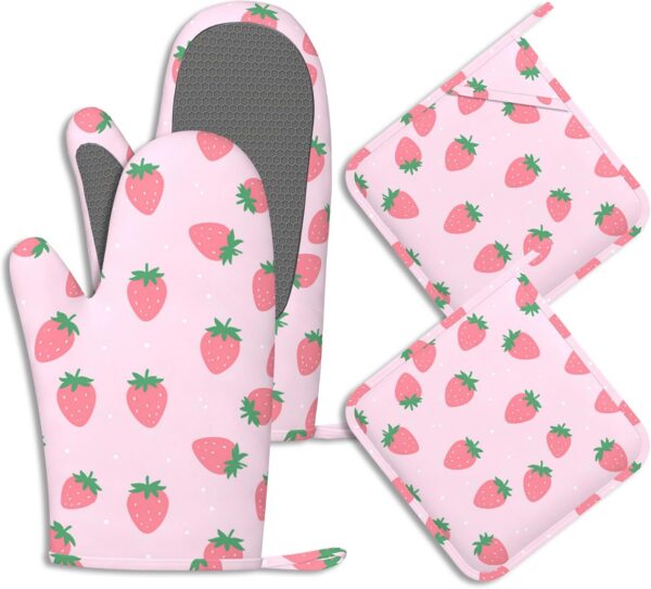 pink strawberry oven mitts and pot holders set silicone heat resistant non slip kitchen gloves