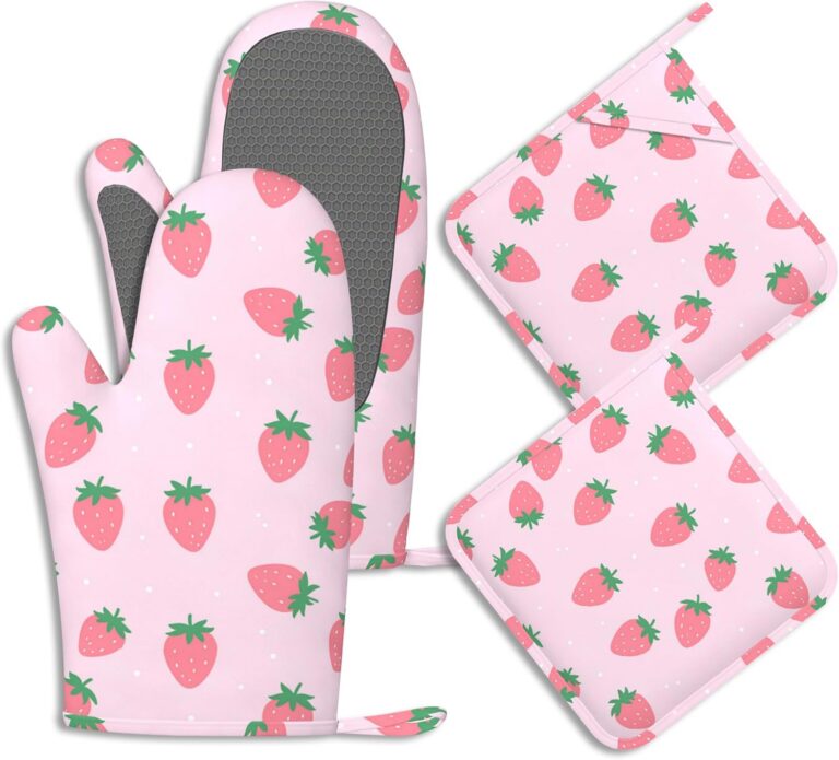 pink strawberry oven mitts and pot holders set silicone heat resistant non slip kitchen gloves