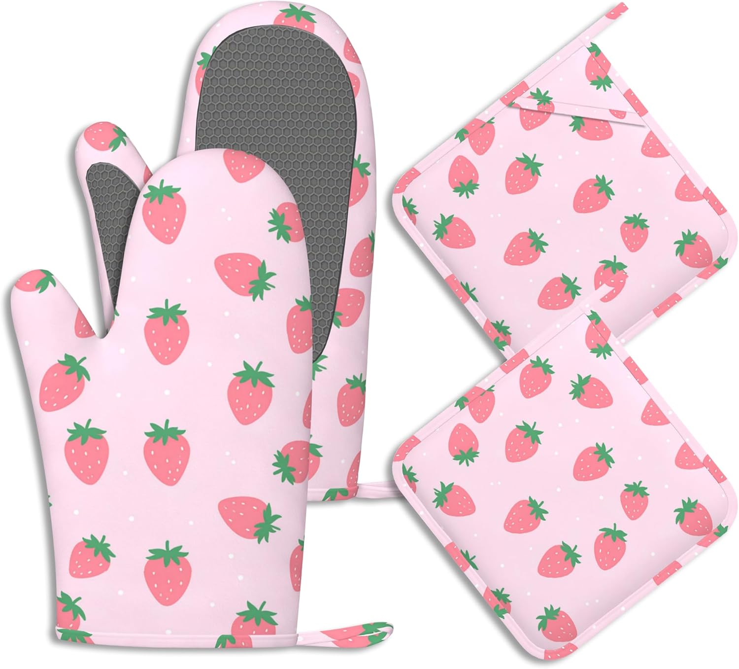 pink-strawberry-oven-mitts-pot-holder-set pink strawberry oven mitts and pot holders set silicone heat resistant non slip kitchen gloves