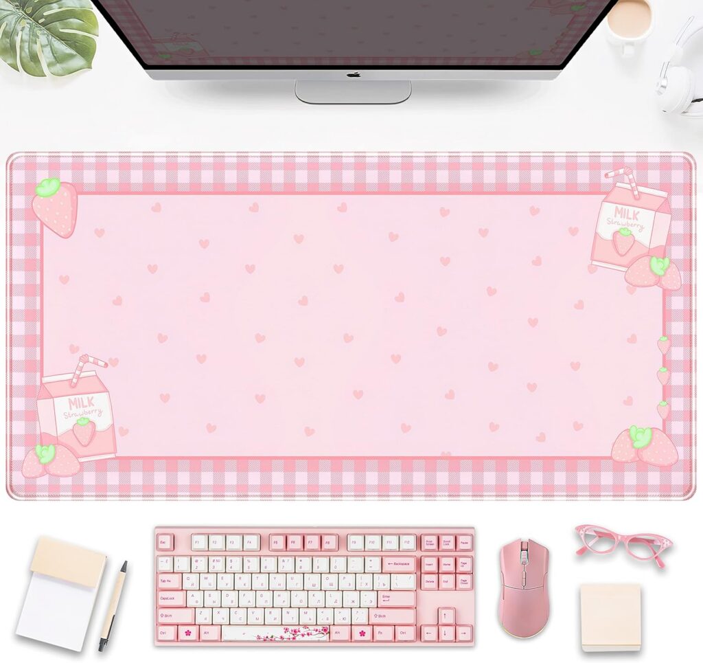 pink strawberry plaid desk mat kawaii large mouse pad heart