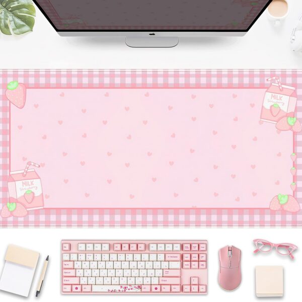 pink strawberry plaid desk mat kawaii large mouse pad heart