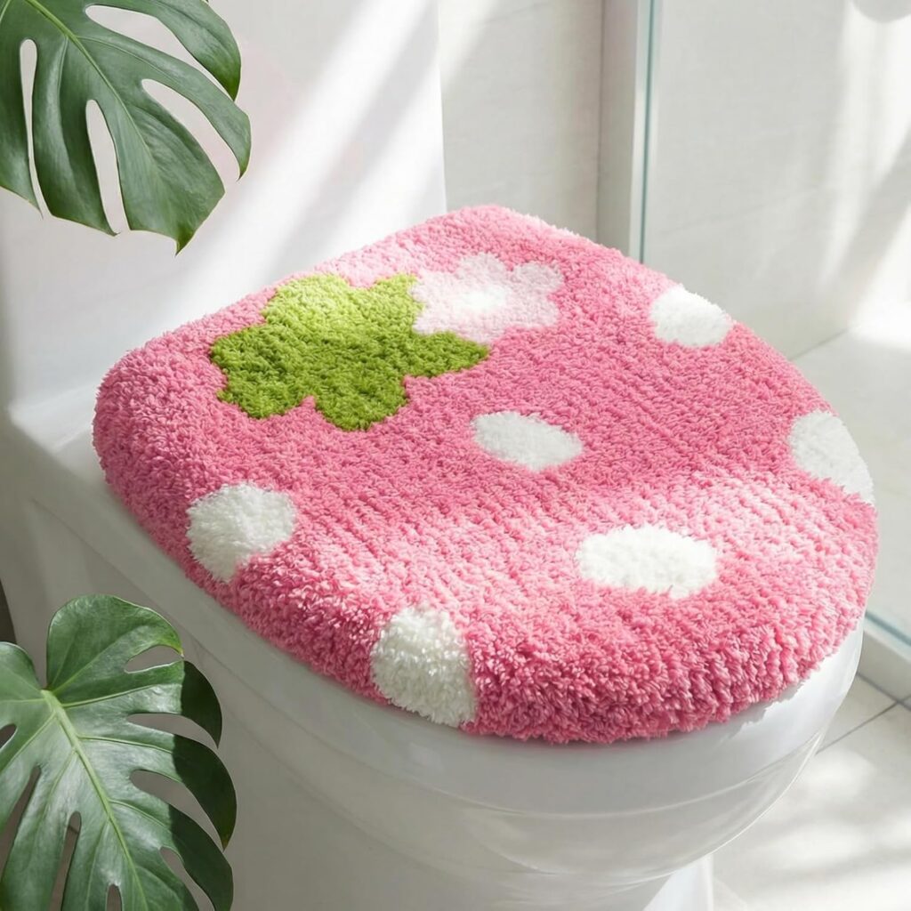 pink strawberry plush toilet lid cover soft microfiber bathroom accessory